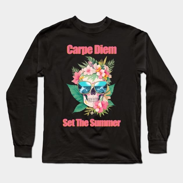 Tropical skull head with and cute sunglasses, cool beach, leaves and flowers Long Sleeve T-Shirt by Collagedream